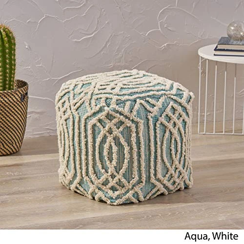 Great Deal Furniture Poppy Boho Wool And Cotton Ottoman Pouf, Aqua And White 5 Great Deal Furniture Poppy Boho Wool And Cotton Ottoman Pouf, Aqua And White - Image 3