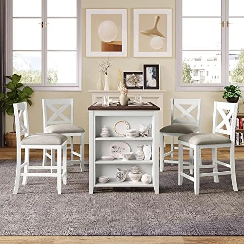 BEDGJH Rustic Counter Height Dining Table Set, 5 Pieces Wooden Bar Table Set With 2 Stools And 2 Chairs, Multipurpose Kitchen Dining Room Set For 4 (White) 13 BEDGJH Rustic Counter Height Dining Table Set, 5 Pieces Wooden Bar Table Set With 2 Stools And 2 Chairs, Multipurpose Kitchen Dining Room Set For 4 (White) - Image 11
