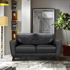 Armen Living Jedd Contemporary Sofa In Black Leather With Brown Wood Legs