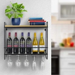 Sorbus Wine Bottle Stemware Glass Rack, Industrial 2-Tier Wood Shelf, Wall Mounted Wine Racks With 5 Stem Glass Holders For Wine Glasses, Flutes, Mugs, Home Décor, Metal -Amazon Store 51r3GKe5fRL