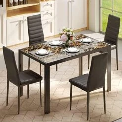 Gizoon 5 Piece Glass Dining Table Set, Kitchen Table And Chairs For 4, PU Leather Modern Dining Room Sets For Home, Kitchen, Dining Room (Marble) -Amazon Store 51r3l7FYPHL. AC