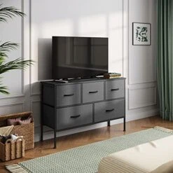 LINSY HOME 5 Drawer Dresser Long Wide Chest Of Drawers Nightstand With Wood Top Rustic Storage Tower Storage Dresser Closet For Living Room, Bedroom, Hallway, Nursery, Kid 14 LINSY HOME 5 Drawer Dresser Long Wide Chest Of Drawers Nightstand With Wood Top Rustic Storage Tower Storage Dresser Closet For Living Room, Bedroom, Hallway, Nursery, Kid -Amazon Store 51r5mxs5CML