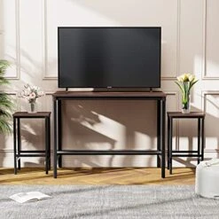 HOMOOI Industrial TV Stand Set For TV Up To 55 Inches, Entertainment Media Stand With Two End Table Set For Living Room