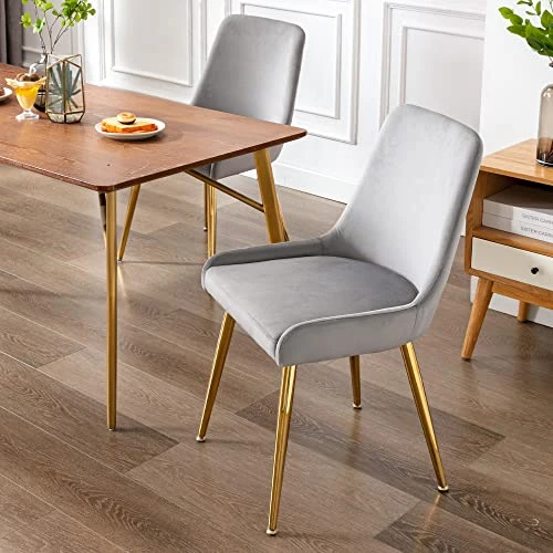 Kmax Velvet Dinning Chairs Mid Century Modern Side Chairs With Golden Legs For Kitchen & Dining Room Guest Room Restaurant, Set Of 2- Grey 4 Kmax Velvet Dinning Chairs Mid Century Modern Side Chairs With Golden Legs For Kitchen & Dining Room Guest Room Restaurant, Set Of 2- Grey - Image 2