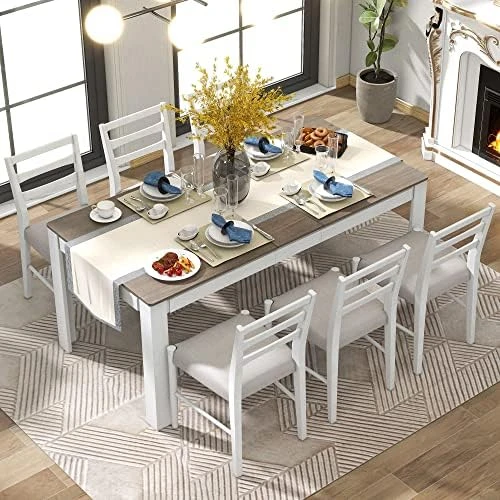 CITYLIGHT 7 Pieces Dining Table Set, Rustic Kitchen Furniture Set, Counter Height Farmhouse Wood Dining Table Set With 6 Upholstered Dining Chairs, White+Walnut+Beige 9 CITYLIGHT 7 Pieces Dining Table Set, Rustic Kitchen Furniture Set, Counter Height Farmhouse Wood Dining Table Set With 6 Upholstered Dining Chairs, White+Walnut+Beige - Image 7