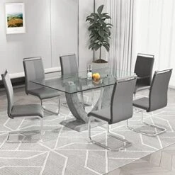 67" Glass Dining Room Table Set For 6,Big Modern Rectangular Tempered Glass Dining Table Top Thick 0.39",7 Piece Dining Table With 6 Pcs Leather Dining Chairs (Grey, One Table +6 Faux Leather Chair) -Amazon Store 51rXniVtaL. AC