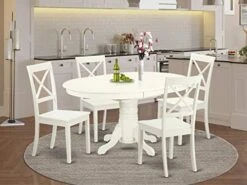 East West Furniture AVBO7-OAK-W Kitchen Set 6 Amazing Room Chairs-A Stunning Round Color Wooden Seat Oak Butterfly Leaf Modern Dining Table -Amazon Store 51rYab0ZZ4L. AC