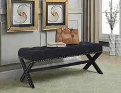 Iconic Home Dalit Updated Neo Traditional Polished Nailhead Tufted Linen X Bench, Black
