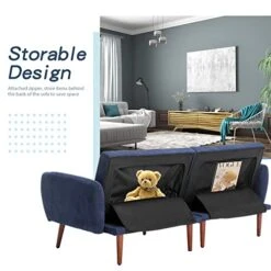 BNEHS Futon Sofa Bed,Convertible Couch Modern Linen Fabric,Adjustable Sleeper Sofa Loveseat Futon Set With Removable Armrest,Wooden Frame&Leg For Compact Living Space,Apartment, Dorm(Blue) -Amazon Store 51rsbdV6qSL