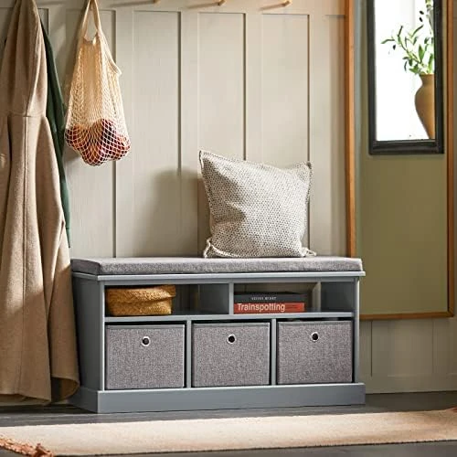 Haotian FSR65-DG, Grey 3 Baskets Hallway Bedroom Storage Bench With Seat Cushion, Shoe Bench, Shoe Rack, Shoe Cabinet 12 Haotian FSR65-DG, Grey 3 Baskets Hallway Bedroom Storage Bench With Seat Cushion, Shoe Bench, Shoe Rack, Shoe Cabinet - Image 10