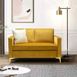 HULALA HOME Modern Velvet Loveseat Sofa With Gold Legs, Comfy Upholstered Small Love Seat Couch With Removable Cushions, 2-Seater Sofa For Living Room Bedroom, Mustard