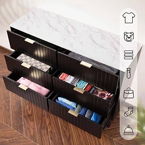 ANBUY Black 6 Drawer Double Dresser For Bedroom, Dual Chest Of Drawers Modern Dresser For Bedroom With Gold Handles Imitation Marble Texture (Black) 6 ANBUY Black 6 Drawer Double Dresser For Bedroom, Dual Chest Of Drawers Modern Dresser For Bedroom With Gold Handles Imitation Marble Texture (Black) - Image 4