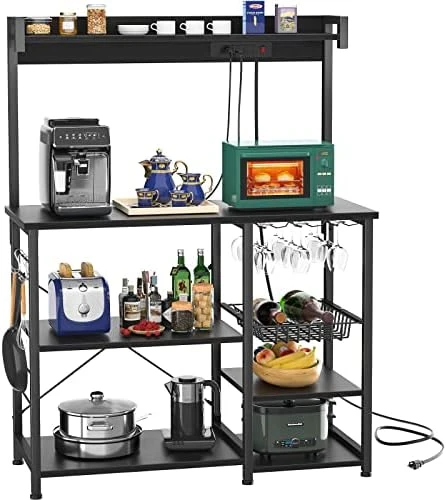 Topfurny Bakers Rack With Power Outlet, Microwave Stand, Kitchen Storage Shelf With Wire Basket, Coffee Bar Station With Wine Glass Holder, Kitchen Rack For Spices, Pots, And Pans, Rustic Brown 8 Topfurny Bakers Rack With Power Outlet, Microwave Stand, Kitchen Storage Shelf With Wire Basket, Coffee Bar Station With Wine Glass Holder, Kitchen Rack For Spices, Pots, And Pans, Rustic Brown - Image 6