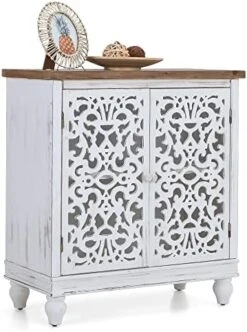 MFSTUDIO Accent Tall Wood Storage Cabinet Buffet Sideboard Hollow-Carved Floral 2 Doors Distressed Decorative For Living Room Kitchen Stand Entryway Hallway, 13.8" Dx31.5 Wx47.4 H, Blue -Amazon Store 51sAbNlxMkL. AC