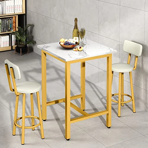AWQM Small Dining Table Set For 2, Bar Set With 1 Square Table And 2 Upholstered Chairs With Back, Faux Marble Table Breakfast Table With Footrest For Home & Kitchen (White & Gold) 6 AWQM Small Dining Table Set For 2, Bar Set With 1 Square Table And 2 Upholstered Chairs With Back, Faux Marble Table Breakfast Table With Footrest For Home & Kitchen (White & Gold) - Image 4