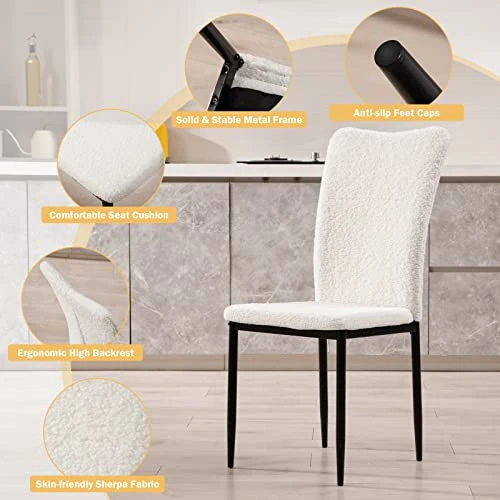 Nopurs Sherpa Dining Chairs Set Of 6 - Modern White Upholstered Boucle Dining Chairs High Back Armless Dining Chair With Black Metal Legs For Kitchen Dining Room Home Office 4 Nopurs Sherpa Dining Chairs Set Of 6 - Modern White Upholstered Boucle Dining Chairs High Back Armless Dining Chair With Black Metal Legs For Kitchen Dining Room Home Office - Image 2