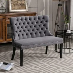 Civama Velvet Loveseat Settee, Nikki Collection Modern Dining Chair, Upholstered Contemporary Banquette Bench With Back, Button Tufted Comfy Accent Sofa Couch With Solid Wood Legs, Dark Gray -Amazon Store 51sVn0Z6M5L