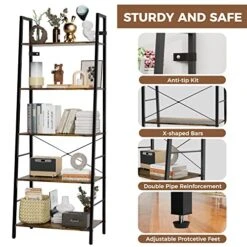 Gadroad Ladder Bookshelf, Industrial 5-Tier Bookcase,Free Standing Ladder Shelf, Utility Organizer Shelves For Plant Flower,Wood Look Accent Furniture With Metal Frame For Home Office,Rustic Brown -Amazon Store 51sYchaji9L