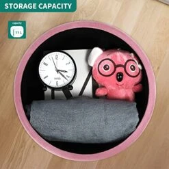 YITAHOME Modern Velvet Upholstered Round Storage Ottoman Footrest Vanity Stool With Gold Metal Legs & Tray Top Coffee Table Having 17.5” Height And Holds Upto 330 Lbs (Pink) -Amazon Store 51say0gAZQL