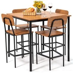 Giantex 5-Piece Dining Table Set W/Counter Height Table & 4 Bar Stools, Industrial Kitchen Dining Table Set W/Footrest & Backrest, Space-Saving Dinette Set For Pub, Dining Room, Restaurant