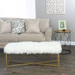 HomePop Faux Fur Rectangle Dining Bench With Metal Base, White -Amazon Store 51ssYEyl3WL