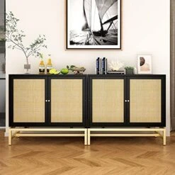 Pvillez Modern Storage Cabinet With Natural Rattan Doors, Sideboard Buffet Cabinet With Storage, Adjustable Shelves, Rattan Cabinet Console Table For Living Room, Dining Room, Entryway, White -Amazon Store 51t hw4rt1L. AC