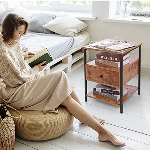 Living Room End Table With Charging Station For Small Space, Sofa Couch Bedside Nightstand With USB Ports & Outlets, Slim Storage Side Table With Drawer Shelf For Bedroom, Rustic Brown 8 Living Room End Table With Charging Station For Small Space, Sofa Couch Bedside Nightstand With USB Ports & Outlets, Slim Storage Side Table With Drawer Shelf For Bedroom, Rustic Brown - Image 6