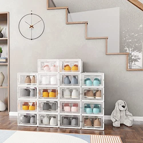 Clear Shoe Boxes Stackable,18 Pack Shoe Case Fit Up To US Size 10,Small/White 3 Clear Shoe Boxes Stackable,18 Pack Shoe Case Fit Up To US Size 10,Small/White