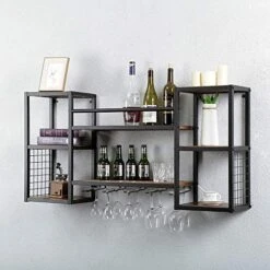 Industrial Hanging Wine Rack Wall Mounted With 5 Stem Glass Holder,47.2in Rustic Wine Glass Rack Wall Mount,Wine Glass Shelf Metal Floating Bar Shelves,Wall Shelf Wine Bottle Holder Wood Shelves -Amazon Store 51tEhxZDiVL