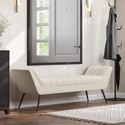 BELLEZE 63 Inch Mid Century Modern Ottoman, Contemporary Upholstered Linen Fabric Bench With Wood Legs, Accent Furniture For Living Room, Bedroom, Entryway - Moreno (Grey) -Amazon Store 51tFBMGUR6L. AC