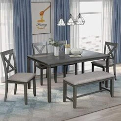 LZ LEISURE ZONE 6 Piece Wooden Dining Table Set With Bench And 4 Dining Chairs, Kitchen Table Set Family Furniture For 6 People (Antique Graywash) -Amazon Store 51tH8XsWXEL. AC
