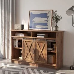 Farmhouse Coffee Bar Cabinet With Sliding Barn Doors, Rustic Brown Buffet Storage Sideboard Cabinet With 4 Adjustable Shelves For Kitchen, 52" Credenza Sideboard With Storage Cabinet For Dinning Room -Amazon Store 51tLIwd5blL