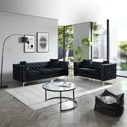 Fulocseny 2 Piece Modern Velvet Upholstered Living Room Set With 3-Seater Sofa And Loveseat, Jeweled Button Tufted Copper Nails Square Arms, 4 Pillows Included, Grey,5 Seater (Grey + Velvet) -Amazon Store 51tMKN9jlwL. AC