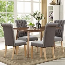 FOREDO Classic Collection Linen Dining Chairs Set Of 2, Solid Wood Legs Copper Nails Chair, Dark Grey -Amazon Store 51tP94mE69L
