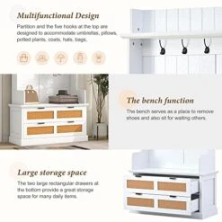 SCORRO Clothes Locker Vintage Style Hall Tree With 5 Metal Hooks And 2 Large Rattan Element Drawers Wooden Hallway Organizer With Storage Bench And Metal Drawer Handles (White) -Amazon Store 51tPyJfb6BL