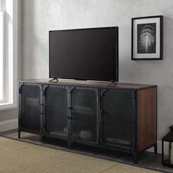 Walker Edison Malcomb Urban Industrial 4 Door Metal Mesh TV Console For TVs Up To 65 Inches, 60 Inch, Dark Walnut