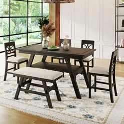 GLORHOME 6-Piece Counter Height Dining Table Set Rustic Style With Storage Shelf, Bench And 4 Chairs, Espresso+Beige Cushion