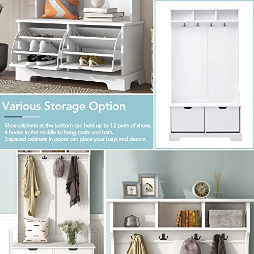 LOVMOR All In One Hall Tree, Coat Rack With 3 Top Shelves And 2 Flip Shoe Storage Drawers, Wood Hallway Organizer With Storage Bench, Entryway Storage Bench With Metal Hanging Hooks, White 7 LOVMOR All In One Hall Tree, Coat Rack With 3 Top Shelves And 2 Flip Shoe Storage Drawers, Wood Hallway Organizer With Storage Bench, Entryway Storage Bench With Metal Hanging Hooks, White - Image 5