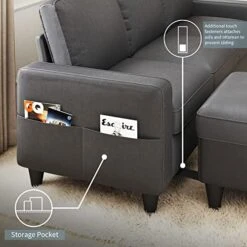 Lonkwa L-Shaped Couches Convertible Storage Ottoman 3-Seat Grey Sectional Sofas For Living Room/Bedroom/Office/Small Space, Dark Gray -Amazon Store 51tUq1RHKJL
