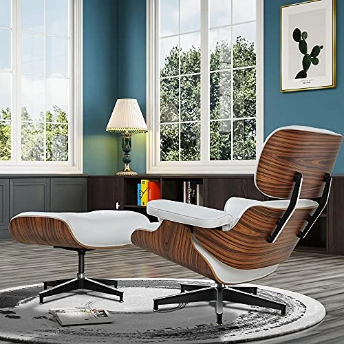 GENERIC Mid Century Lounge Chair With Ottoman, Genuine Leather Classic Modern Chair With 8-Layer Palisander Wood And Aluminum Base For Living Room Office Study Lounge (Palisander And White, Standard Size) 4 GENERIC Mid Century Lounge Chair With Ottoman, Genuine Leather Classic Modern Chair With 8-Layer Palisander Wood And Aluminum Base For Living Room Office Study Lounge (Palisander And White, Standard Size) - Image 2
