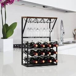 SHINOSKE Wood Countertop Wine Rack, 12 Bottle 3 Tier Metal Free Standing Wine Storage Holder, Wine Holder Storage Shelf For Kitchen, Bar, Pantry, Wine Cellar, Basement, Countertop -Amazon Store 51tiRD6y6jL