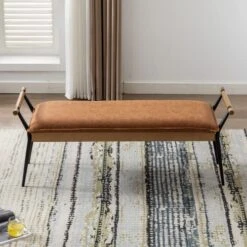 HEAH-YO Vintage Entryway Bench, Durable PU Faux Leather Bedroom Bench With Armrests And Metal Legs, 18” Seat Height Footstool Ottoman For Living Room, Brown -Amazon Store 51tjQp6N2VL