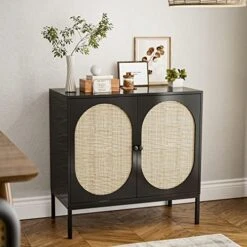 IKIFLY Accent Storage Cabinet With Handmade Natural Rattan Doors, Rattan Sideboard Buffet Cabinet, Kitchen Cupboard Server Console Table For Dining Room, Living Room, Bedroom, Hallway - Black -Amazon Store 51to04JQ3L. AC