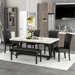 FULife 6-Piece Kitchen Dining, Faux Marble Rectangular Table With 4 Upholstered Seats And 1 Bench For Living Room, Breakfast Nook, Dinette Furniture Sets, Black-5