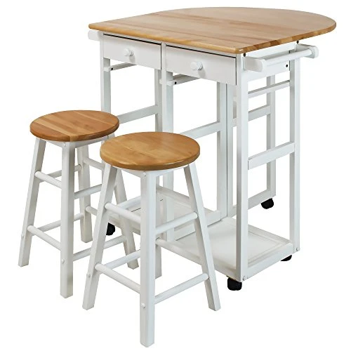 Casual Home Drop Leaf Breakfast Cart With 2 Stools-White, 32"D X 29.75"W X 33"H 3 Casual Home Drop Leaf Breakfast Cart With 2 Stools-White, 32"D X 29.75"W X 33"H