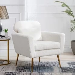 Mikibama Mid Century Modern Accent Chair Upholstered Reading Chair Armchair With Metal Legs And Throw Pillow Side Chair For Living Room Bedroom Office (Ivory,Teddy Fabric) -Amazon Store 51tuB73UAWL. AC