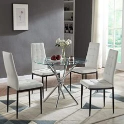 SICOTAS Glass Dining Table Round Kitchen Table With 4 Silver Chrome Legs,Modern Circle Dining Room Tables For 2 Or 4,Small Dinner Table For Kitchen,Apartment, Small Spaces,35.4D X 29.5H,Clear -Amazon Store 51tw737xDYL