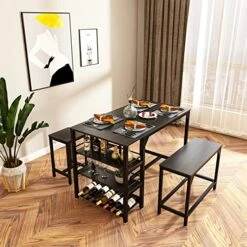 Rxicdeo Dining Table Set For 4, Kitchen Table Set With 1 Bench And 2 Chairs, Dining Room Table With Wine Rack And Storage Shelf, Breakfast Table Space-Saving Dinette For Kitchen, Dining Room (Black) -Amazon Store 51txVa5JhFL