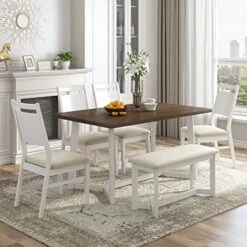 Merax Dining Table Set For 6, Wood Counter Height With Upholstered Chairs And Bench, Farmhouse Style Suitable For Family Gatherings, 59" X 35.4", White