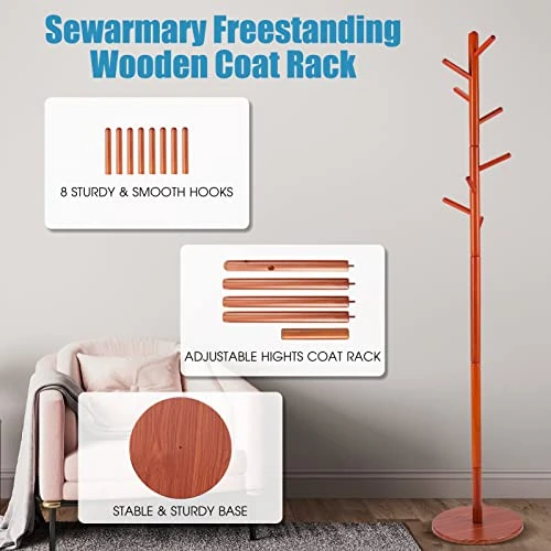 Sewarmary Wood Coat Rack Stand, 3 Adjustable Sizes Tree Coat Rack Freestanding With 8 Hooks,Super Easy To Assemble,Hallway/Entryway Coat Hanger Stand For Clothes, Suits, Accessories (Brown-Round) 6 Sewarmary Wood Coat Rack Stand, 3 Adjustable Sizes Tree Coat Rack Freestanding With 8 Hooks,Super Easy To Assemble,Hallway/Entryway Coat Hanger Stand For Clothes, Suits, Accessories (Brown-Round) - Image 4